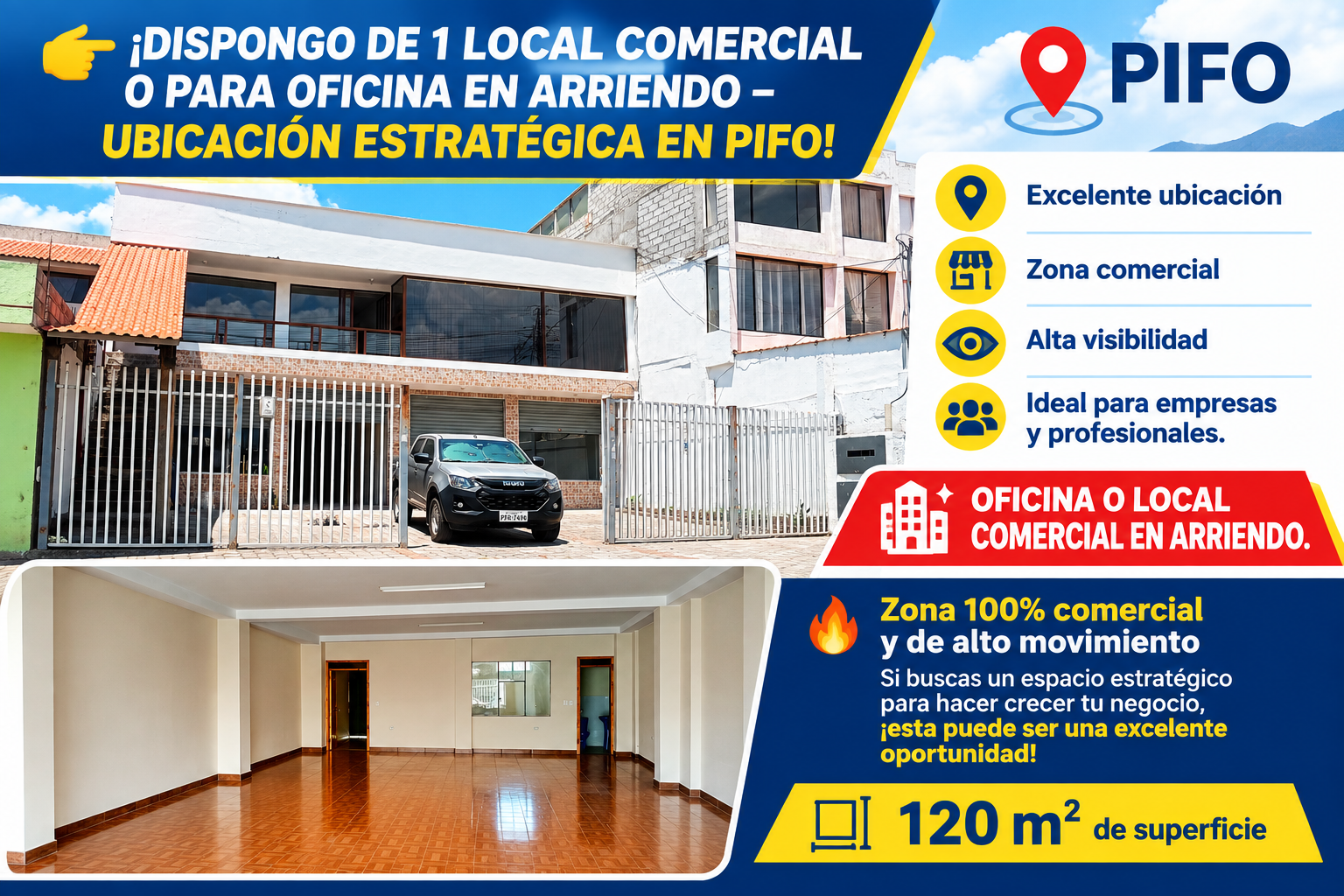 DISPONGO DE 1 LOCAL COMERCIAL, O PARA OFICINA EN ARRIENDO – UBICACIÓN ESTRATÉGICA EN PIFO